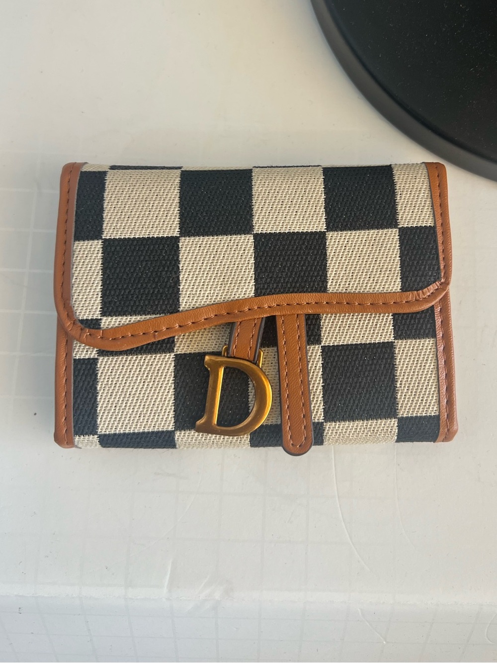 Checkerboard Canvas Wallet with Brown Trim and Gold D Accent